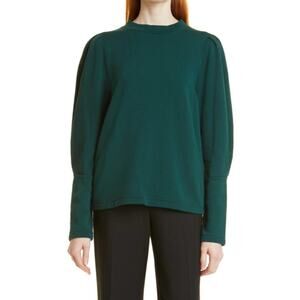 Rebecca Taylor Emerald Green Puff Sleeve Cotton Terry Knit Long Sleeve Top L